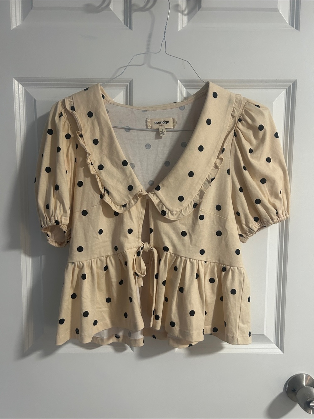 Anthropologie Cream with Black Polka Dot Tie-Front Peplum Blouse